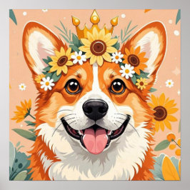 Póster Perro corgi alegre corona de margaritas y girasole