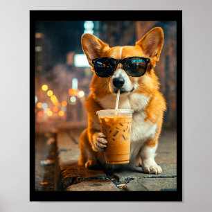 Póster Perro corgi bebiendo café helado divertido meme de