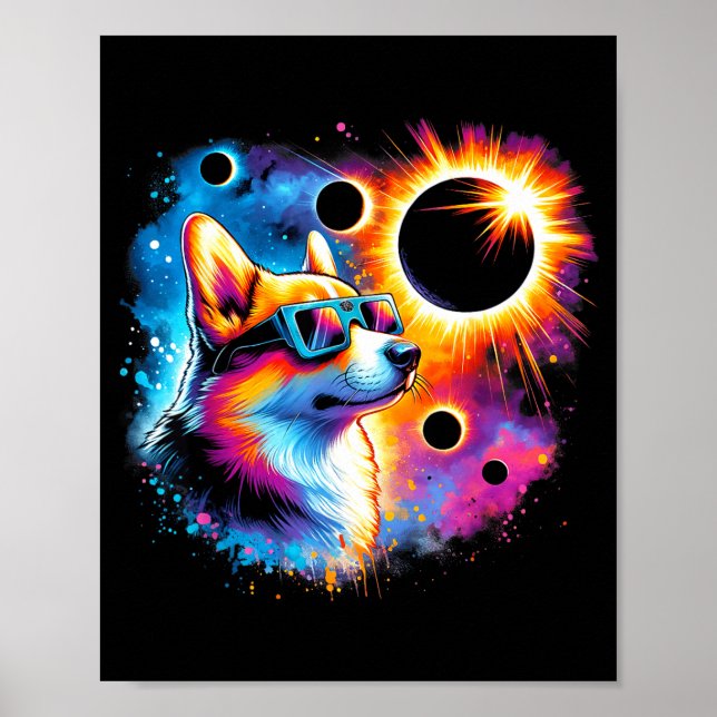 Póster Perro Corgi con Eclipse Solar Total (Frente)