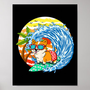 Póster Perro Corgi Divertido Surfista Surfing Playa Hawai