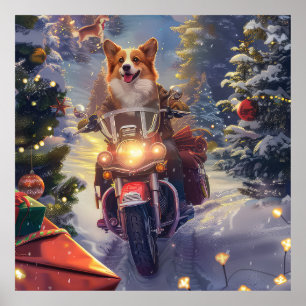 Póster Perro Corgi Montando Motocicleta Navidad