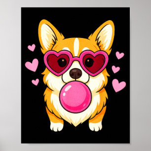 Póster Perro Corgi soplando chicle rosa corazones lindos