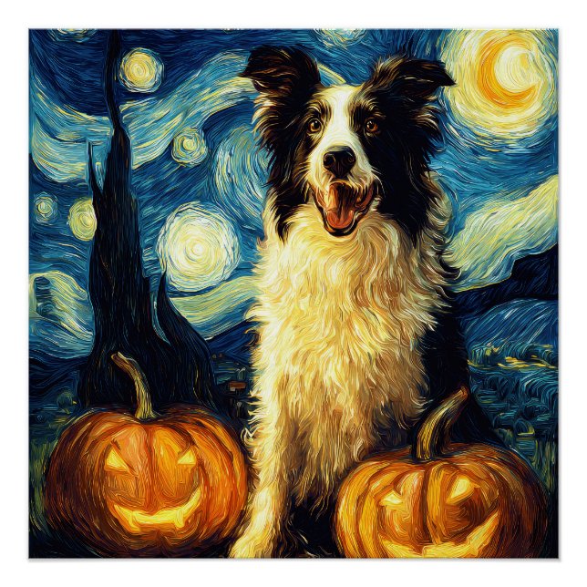 Póster Perro Cute Border Collie Halloween Jack O Lantern  (Anverso)