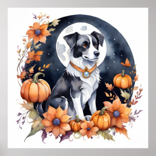 Póster Perro Cute Halloween Floral Moon Canine Lover