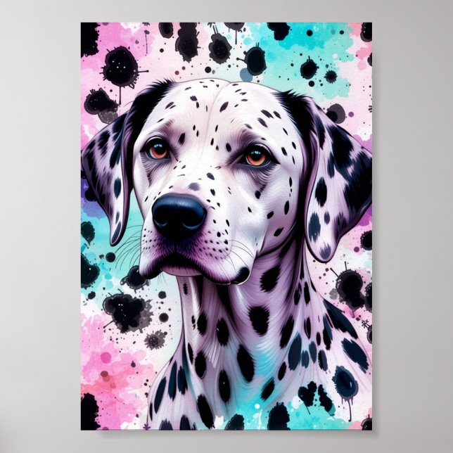 Póster Perro dálmata Acuarela Rosa Purpura Turquesa (Frente)