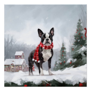 Póster Perro de Boston Terrier en Navidades de Nieve