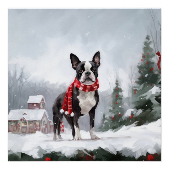Póster Perro de Boston Terrier en Navidades de Nieve (Anverso)