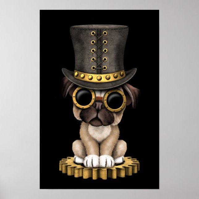 Póster Perro de cachorro de cerdo de Steampunk, negro (Frente)