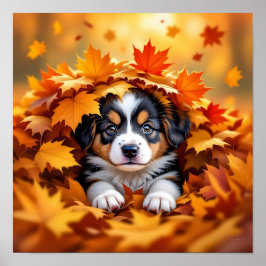 Póster Perro de cachorro picado en hojas de otoño