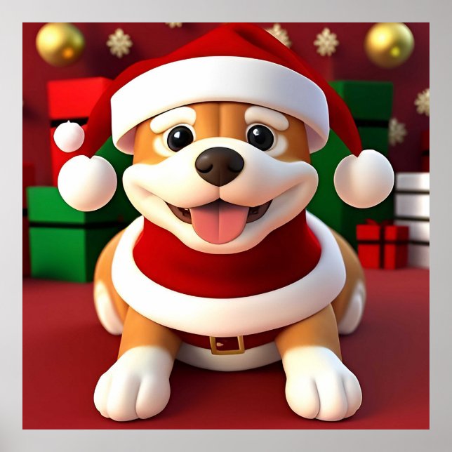 Póster Perro de caricatura lindo con traje de Papá Noel (Frente)