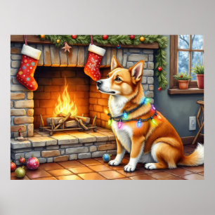 Póster Perro de Carolina Chimenea con Luces de Navidad