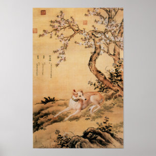 Póster Perro de caza chino vintage bajo flores de melocot