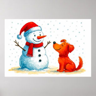 Póster Perro de cómic con acuarela con muñeco de nieve en