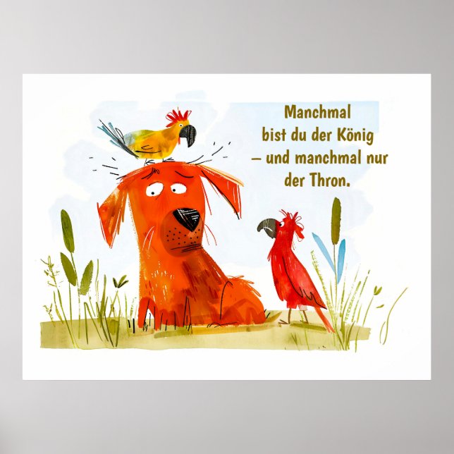 Póster Perro de cómic con acuarela y dos loros (Frente)