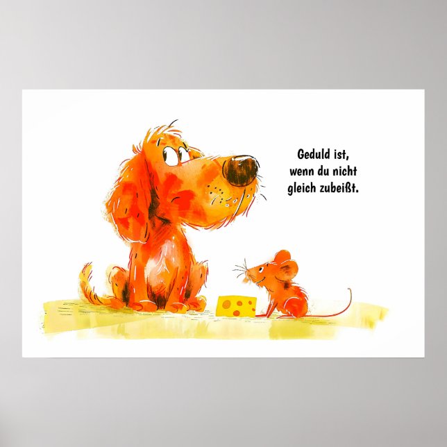 Póster Perro de cómic con acuarela y ratón con queso (Frente)