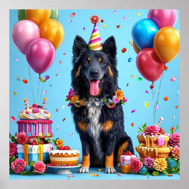 Póster Perro de cumpleaños con pastel y globos (Frente)