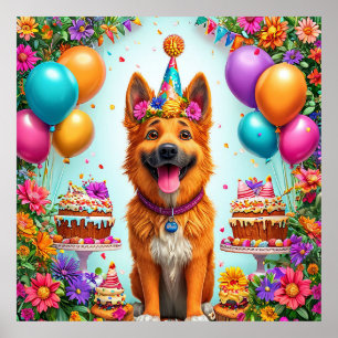 Póster Perro de cumpleaños con pastel y globos