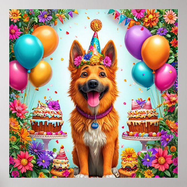 Póster Perro de cumpleaños con pastel y globos (Frente)