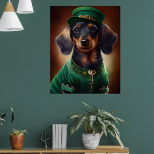 Póster Perro de Dachshund con vestido de San Patricio