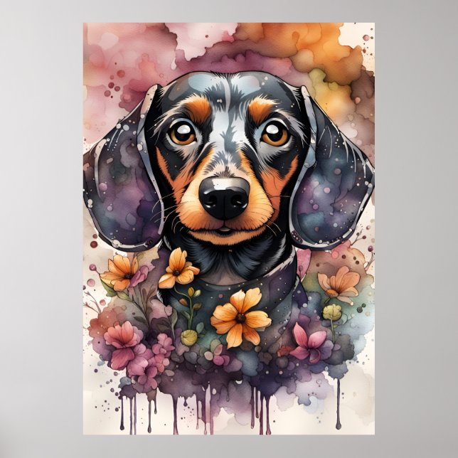 Póster Perro de Dachshund en acuarela (Frente)