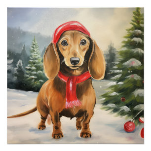 Póster Perro de Dachshund en Navidades de nieve