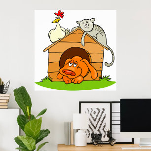Póster Perro de dibujos animados divertido, gato y pollo 