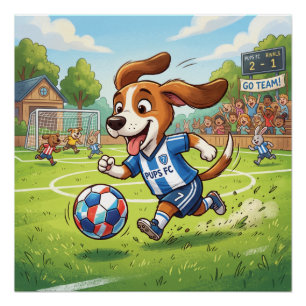 Póster Perro de dibujos animados jugando fútbol o balompi