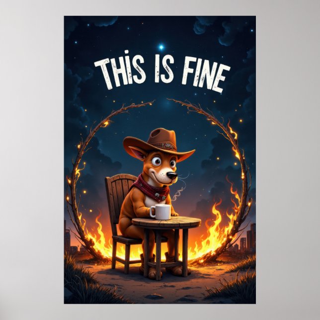 Póster Perro de dibujos animados sentado en una mesa con  (Frente)