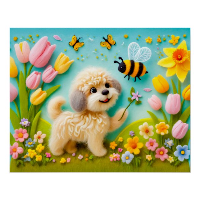 Póster Perro de Fieltro con Flores de Primavera (Anverso)