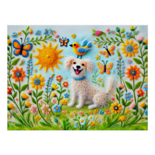 Póster Perro de Fieltro con Mariposas en Jardín