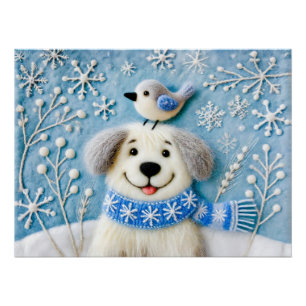Póster Perro de fieltro en nieve con bufanda y pájaro