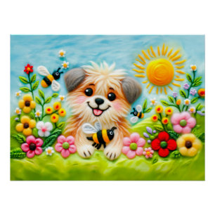 Póster Perro de fieltro en un jardín florecido con abejas