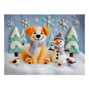 Póster Perro de fieltro jugando en la nieve con un muñeco
