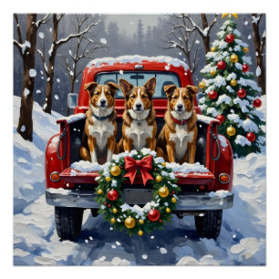 Póster Perro de Ganado Australiano Camión Rojo de Navidad