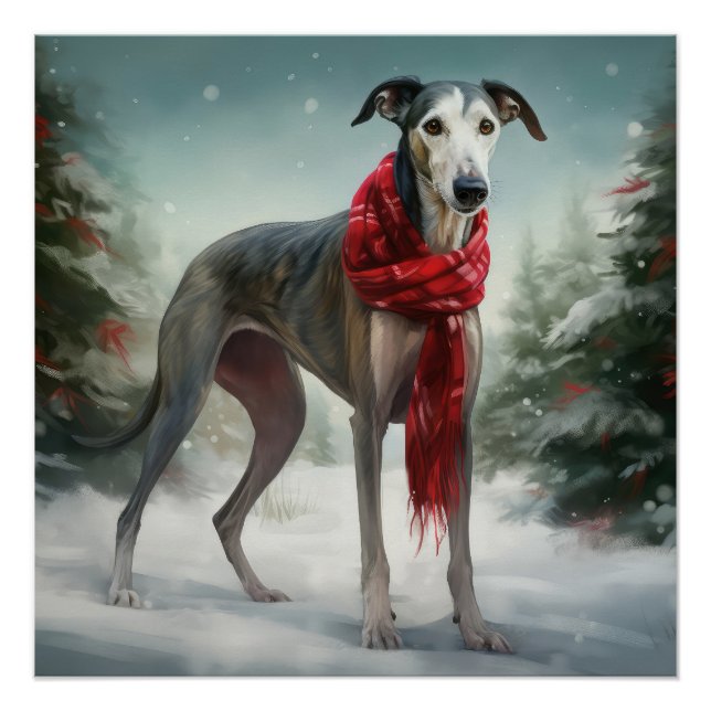Póster Perro de Greyhound en Navidades de Nieve (Anverso)