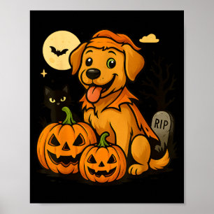 Póster Perro de Halloween lindo con calabazas y gato negr