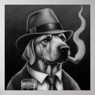 Póster Perro de la mafia en escala de grises con sombrero
