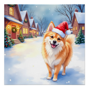 Póster Perro de Laponia Finlandés Pueblo Nevado Sombrero
