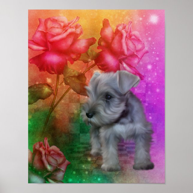 Póster Perro de los Rosas de la Fantasía Schnauzer Puppy (Frente)