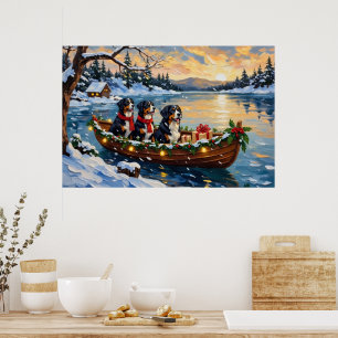 Póster Perro de montaña bernés Navidad Barco Fiesta
