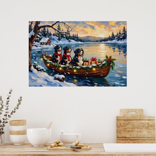 Póster Perro de montaña bernés Navidad Barco Fiesta (Cocina)
