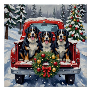 Póster Perro de montaña bernés Navidad Camión Rojo Fiesta
