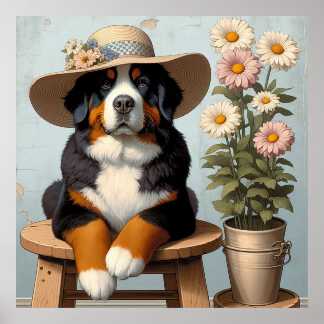 Póster Perro de montaña de Berna con Gorra y flores (Frente)