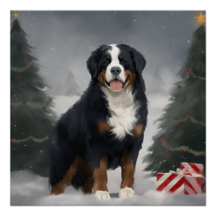 Póster Perro de montaña de Berna en Navidades de nieve