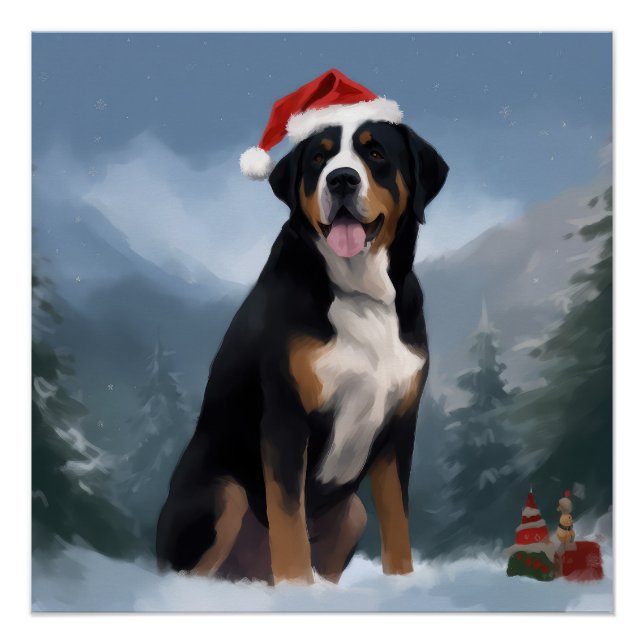 Póster Perro de montaña suizo en Navidades de nieve (Anverso)