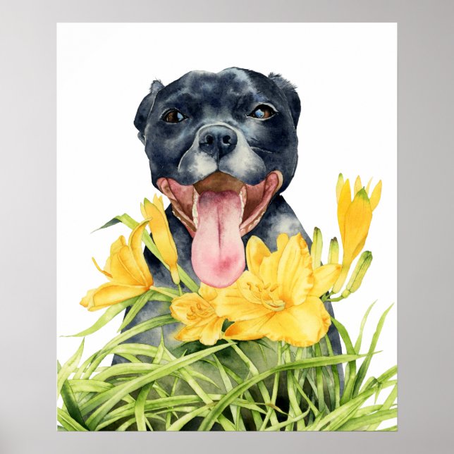 Póster Perro de Pitbull en el jardín de flores amarillas (Frente)