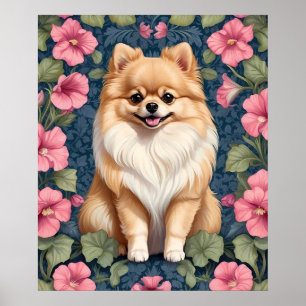 Póster Perro De Pomerania Con Petunias De Color Rosa