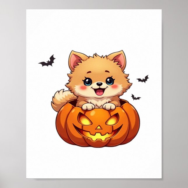 Póster Perro de Pomerania Feliz calabaza de Halloween Cla (Frente)