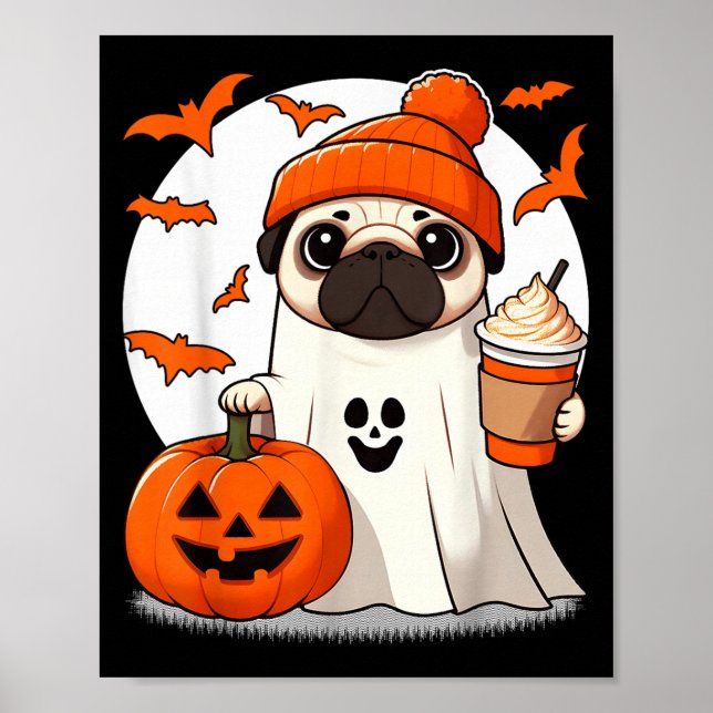 Póster Perro De Pug Cuerdo Con Vestuario Fantasma Feliz C (Frente)