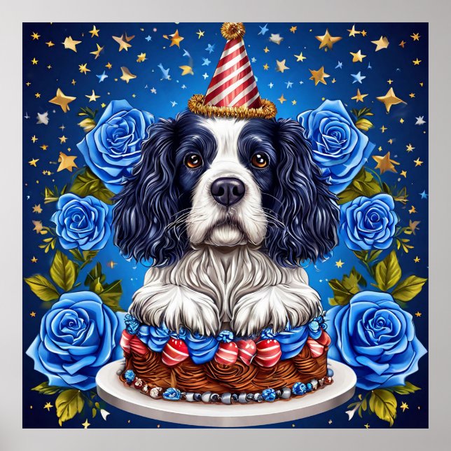 Póster Perro de raza Spaniel celebrando cumpleaños con so (Frente)